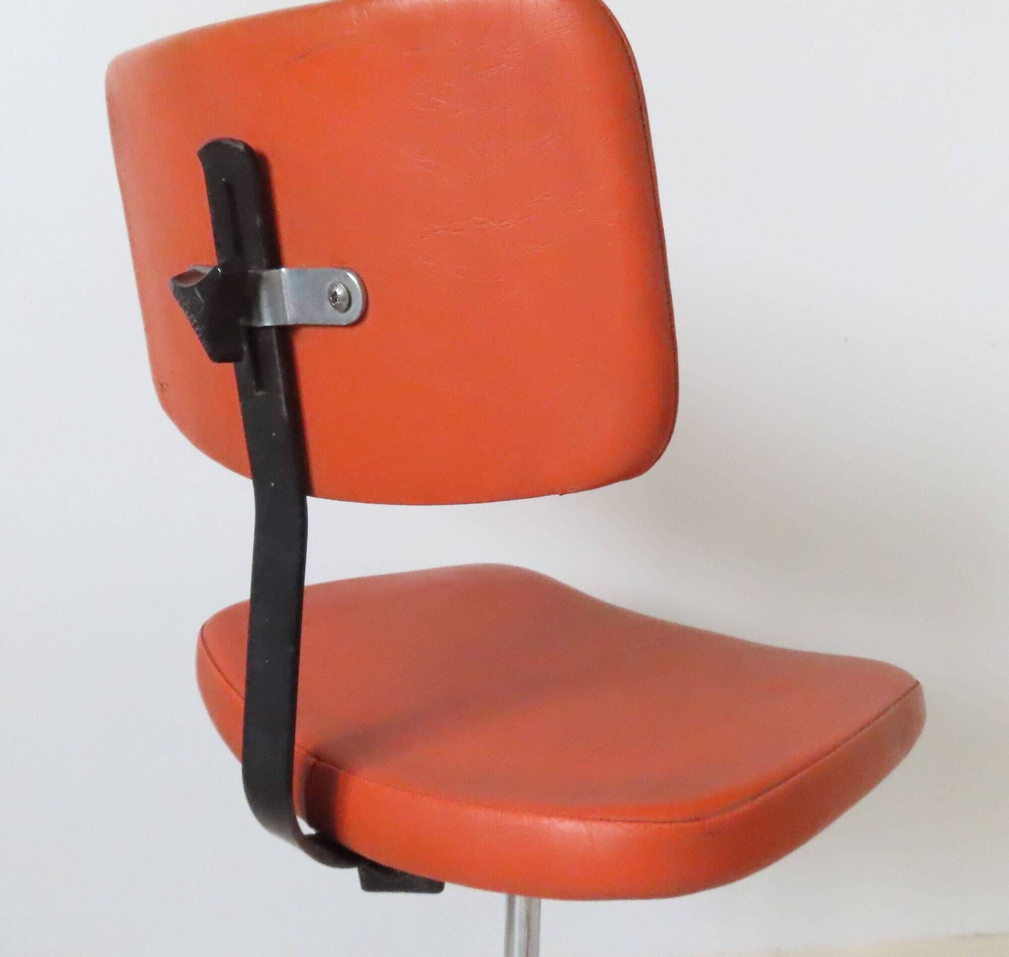 Eurosit vintage industrial workshop chair in chromed metal and orange imitation leather