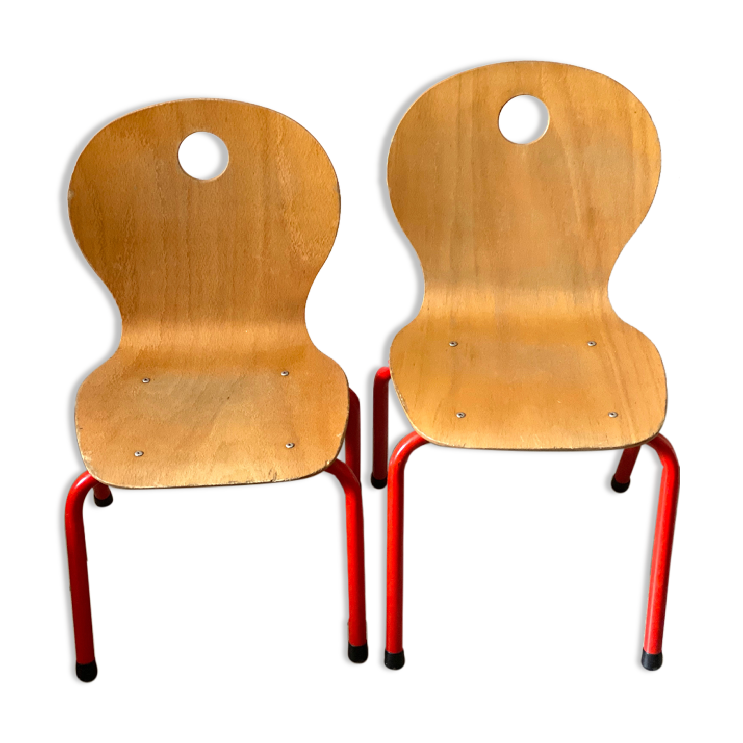Paire de chaises enfant bois et metal rouge