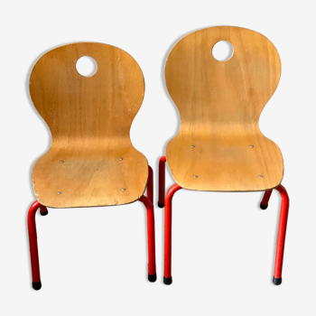 Paire de chaises enfant bois et metal rouge