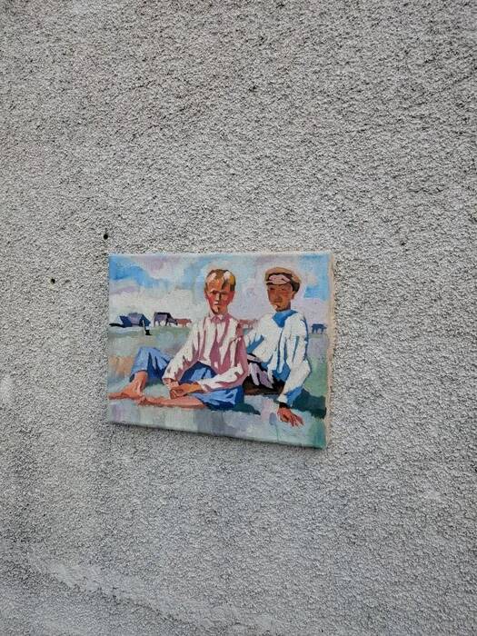 Oil on canvas, painting of young men.