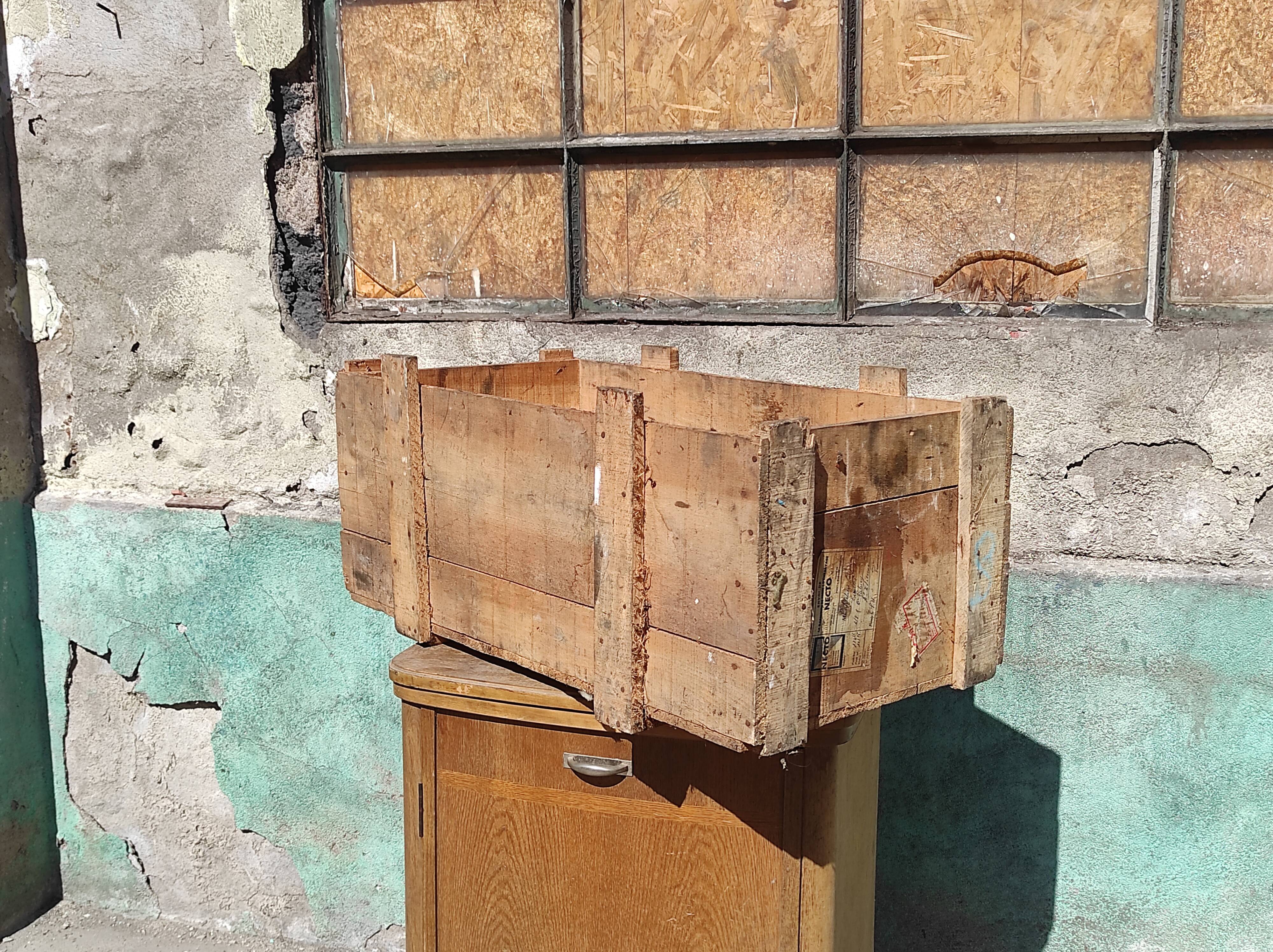 Industrial box in raw fir wood shipping SNCF bicycle equipment Necto 50s 1950s