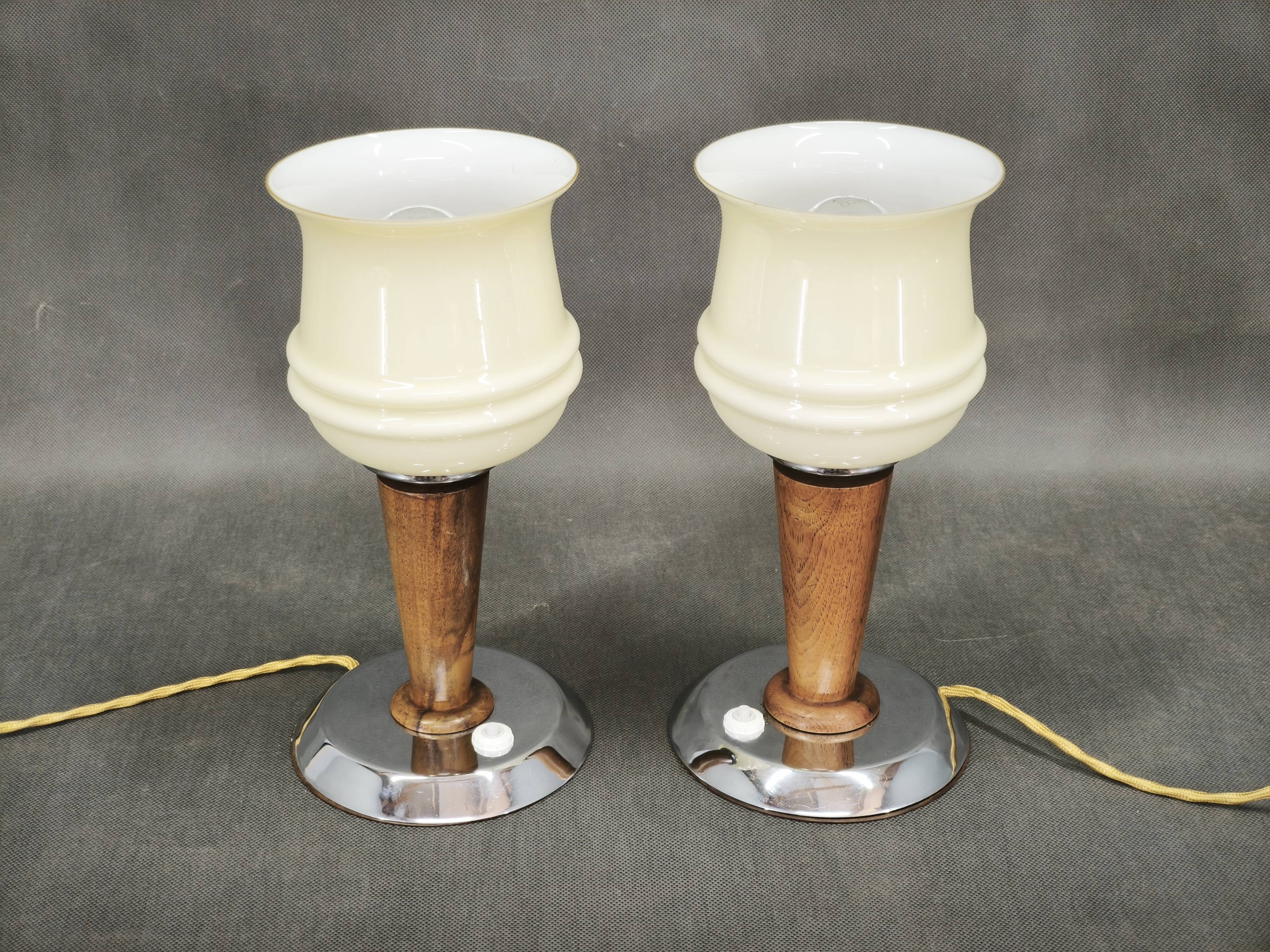 Pair of Italian Opaline Glass, Wood and Chrome Table Lamps, 1950s