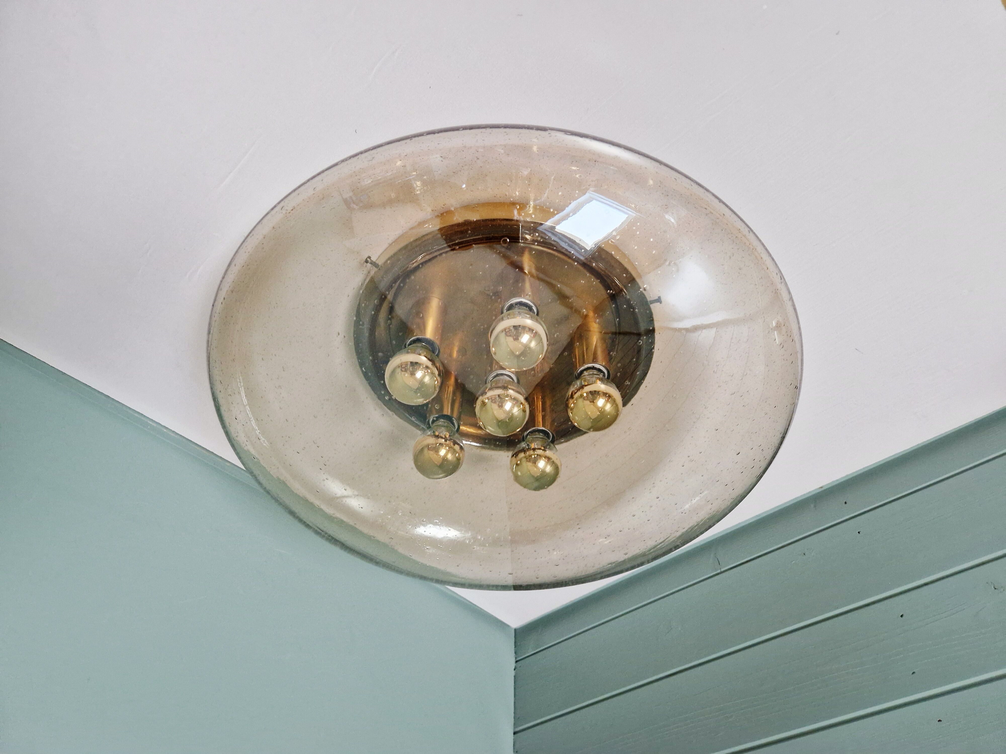 Large ceiling light in brass and blown bubble glass, Glasshütte Limburg, 1970.