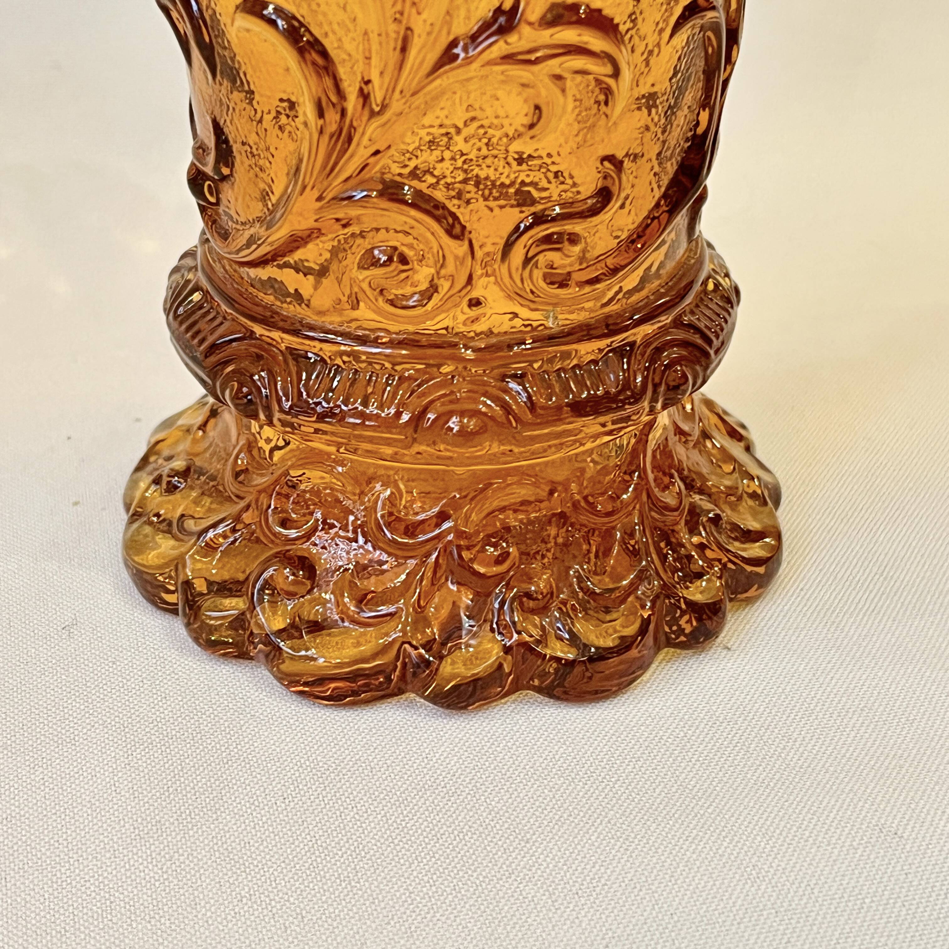 Art Deco Iridescent Amber Glass Vase with Floral Motif - Amber Yellow Glass Vase