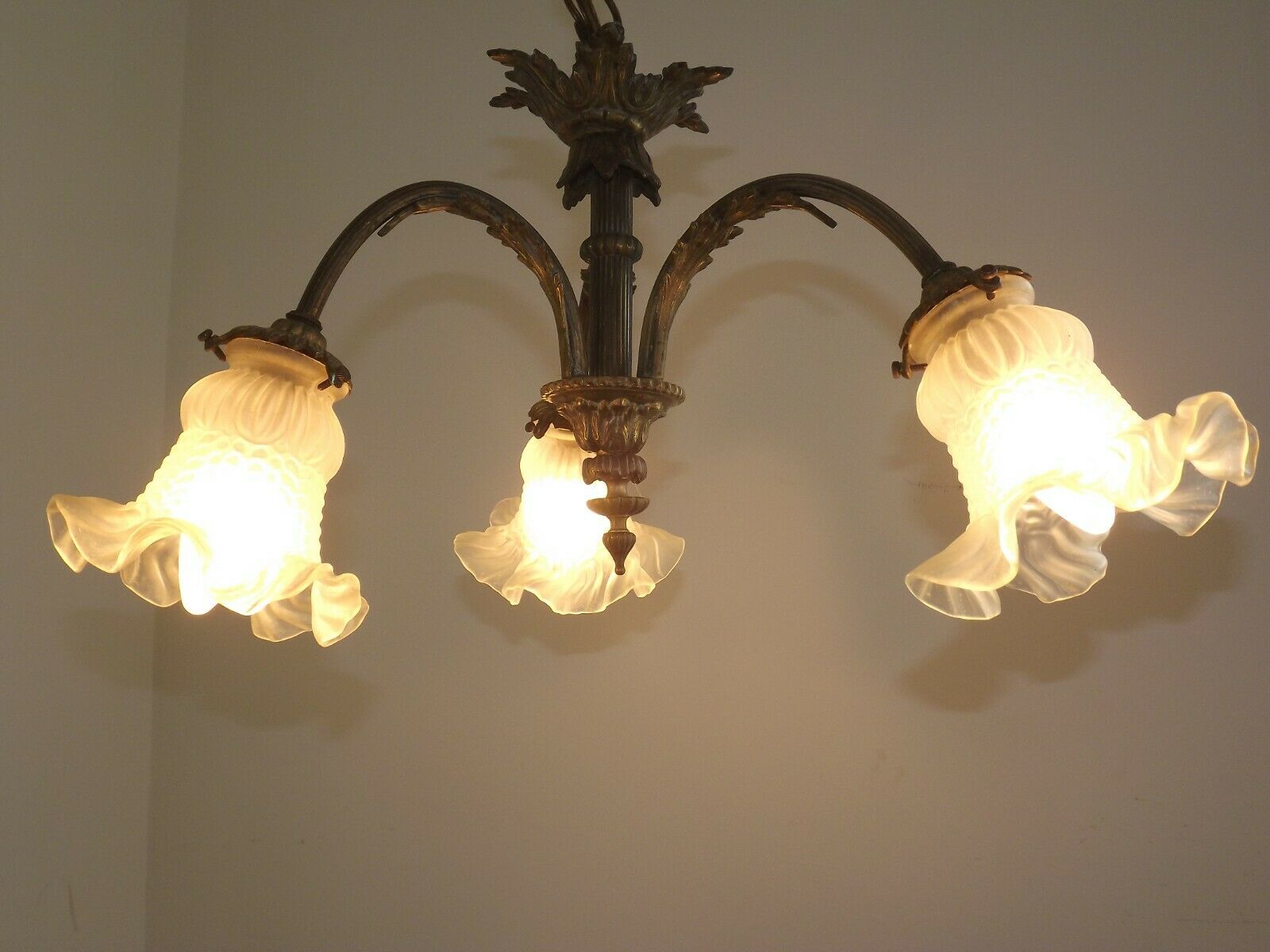 French antique bronze 3 light semi flush chandelier opaque patterned shades