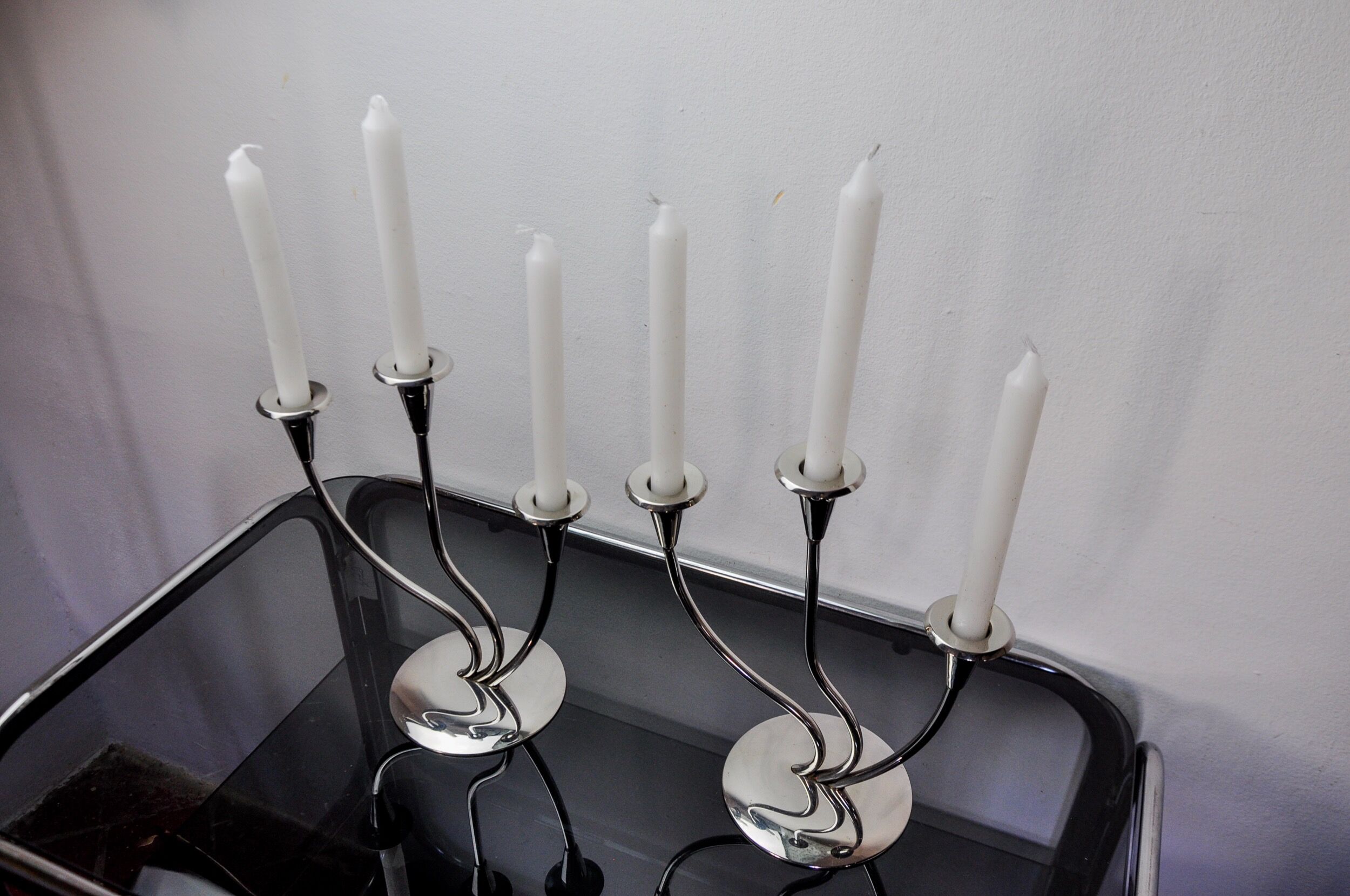 Pair of art deco candlesticks in stainless steel 3 flames, Spain, 1970