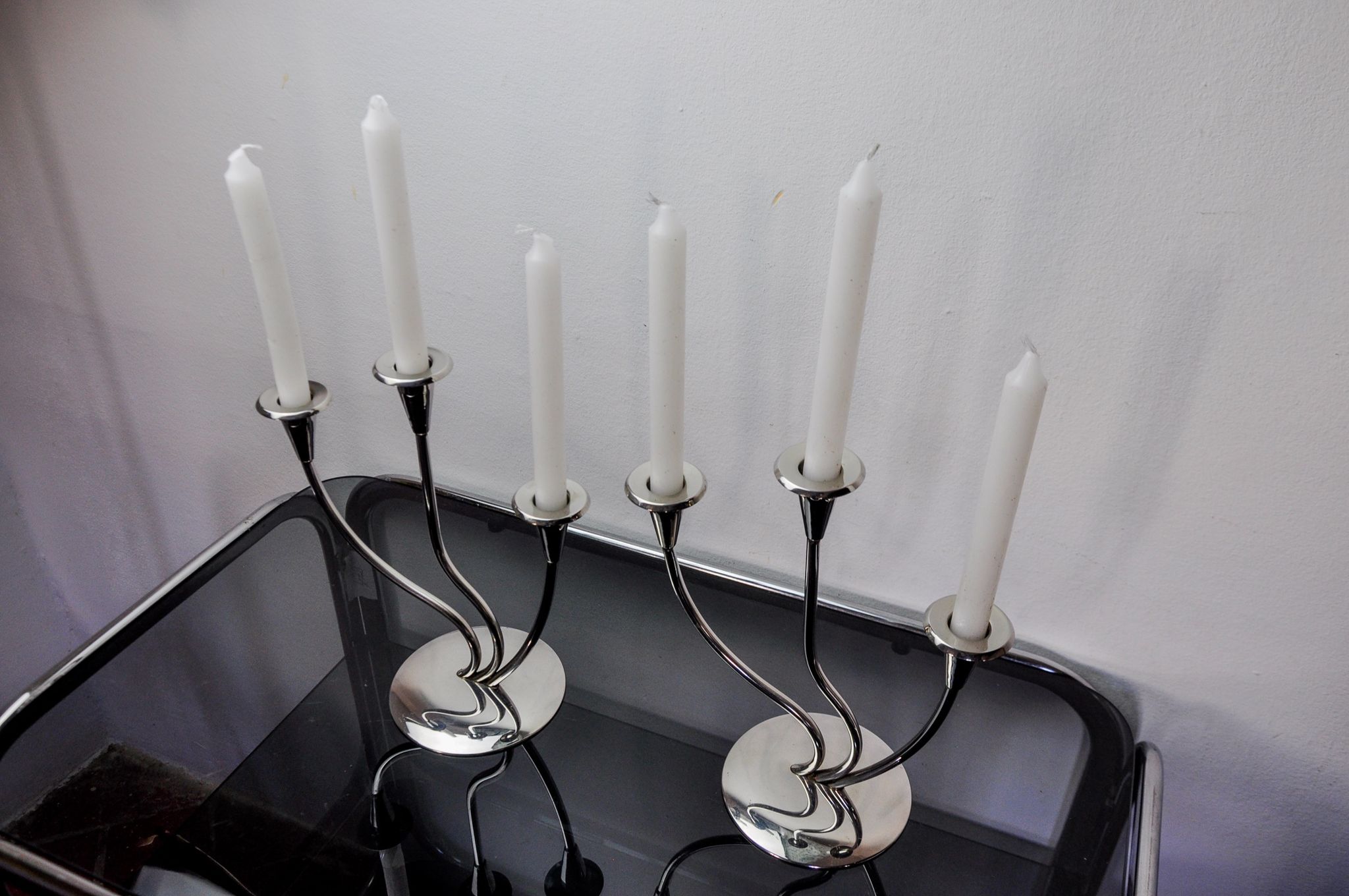 Pair of art deco candlesticks in stainless steel 3 flames, Spain, 1970