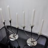 Pair of art deco candlesticks in stainless steel 3 flames, Spain, 1970