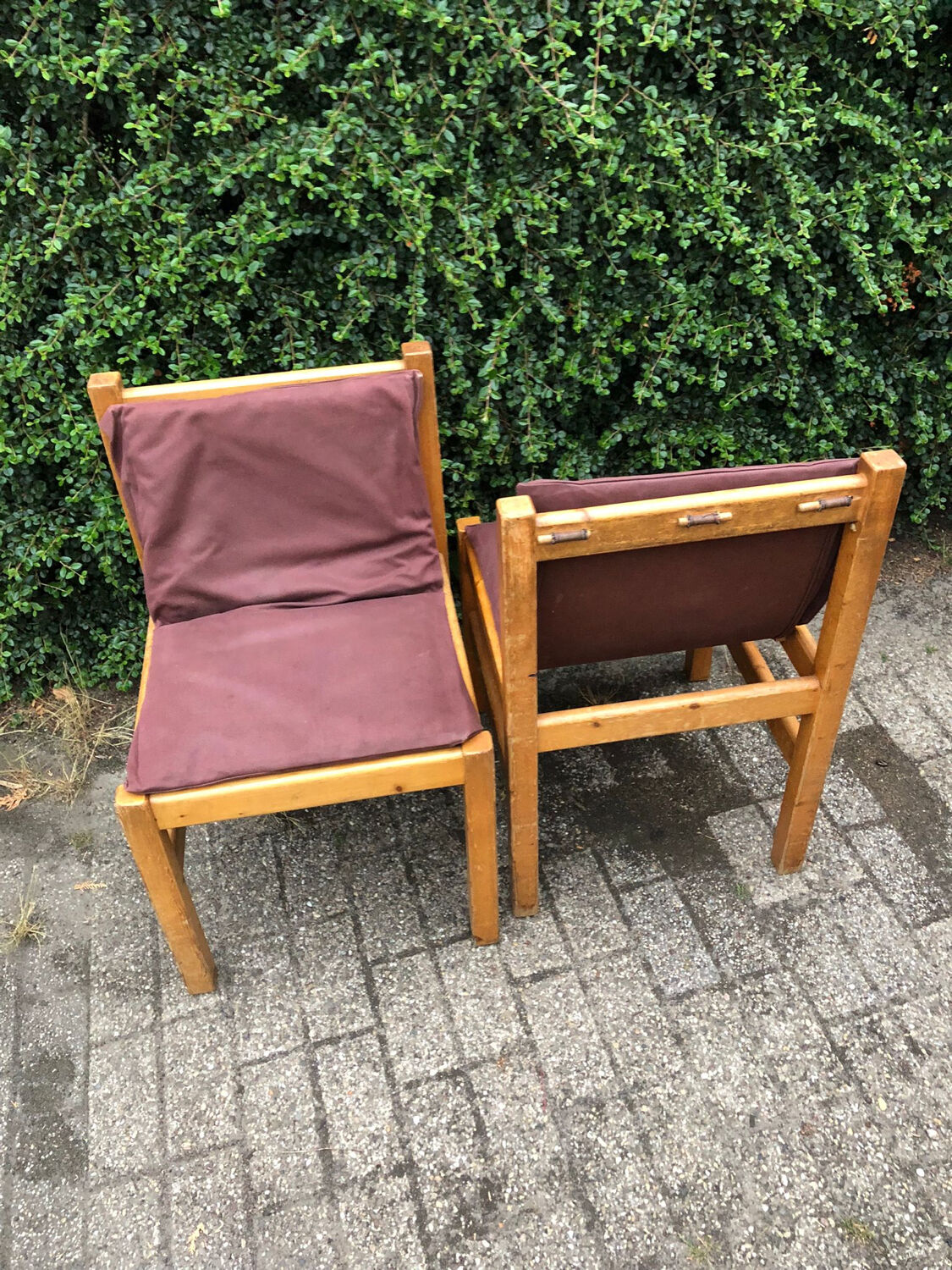 Set of 6 pine dining chairs sling seats canvas upholstery