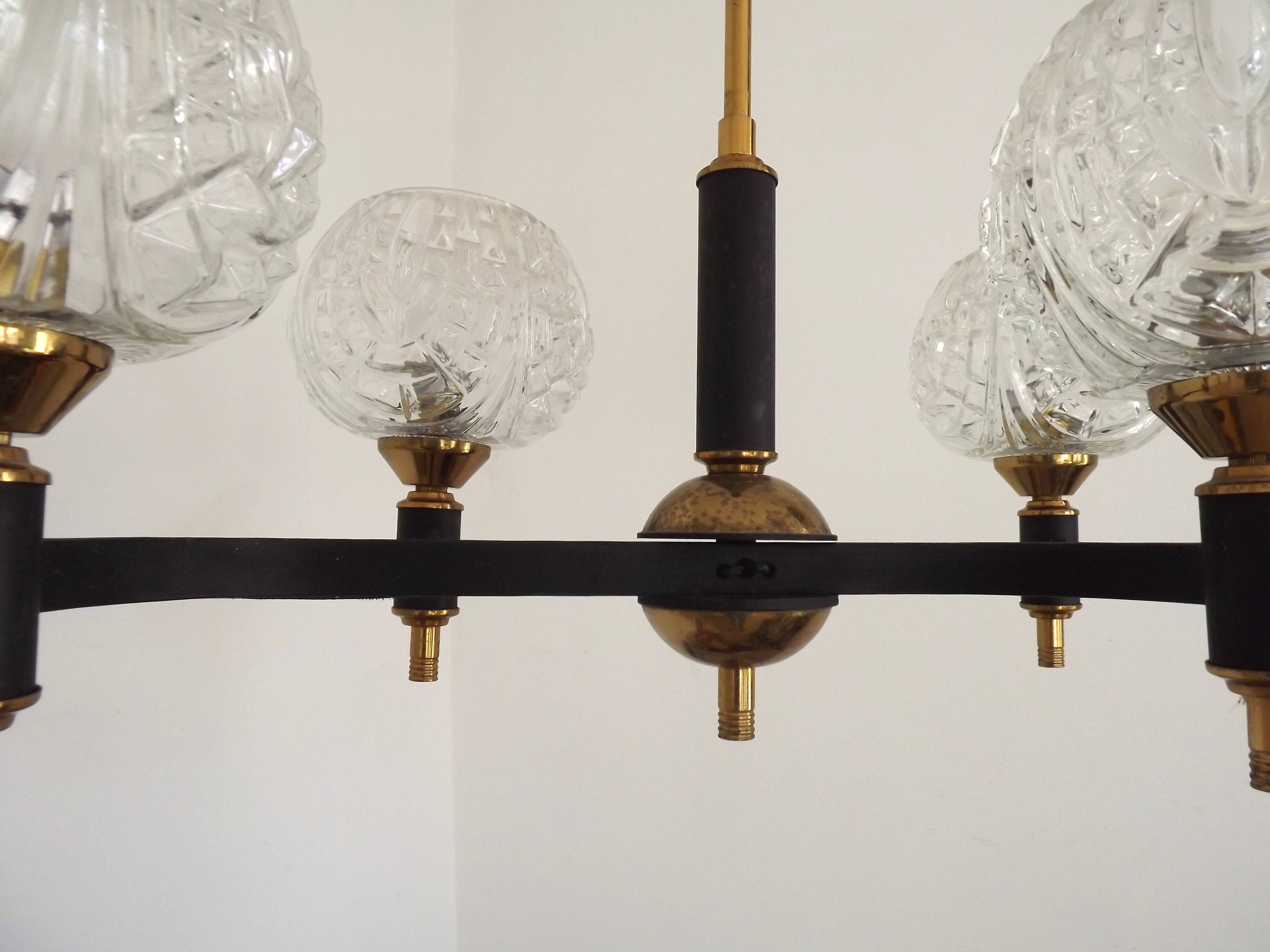 French Vintage Retro Mid Century Black & Gold 4 Arm Chandelier with Glass Shades 5015