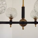 French Vintage Retro Mid Century Black & Gold 4 Arm Chandelier with Glass Shades 5015