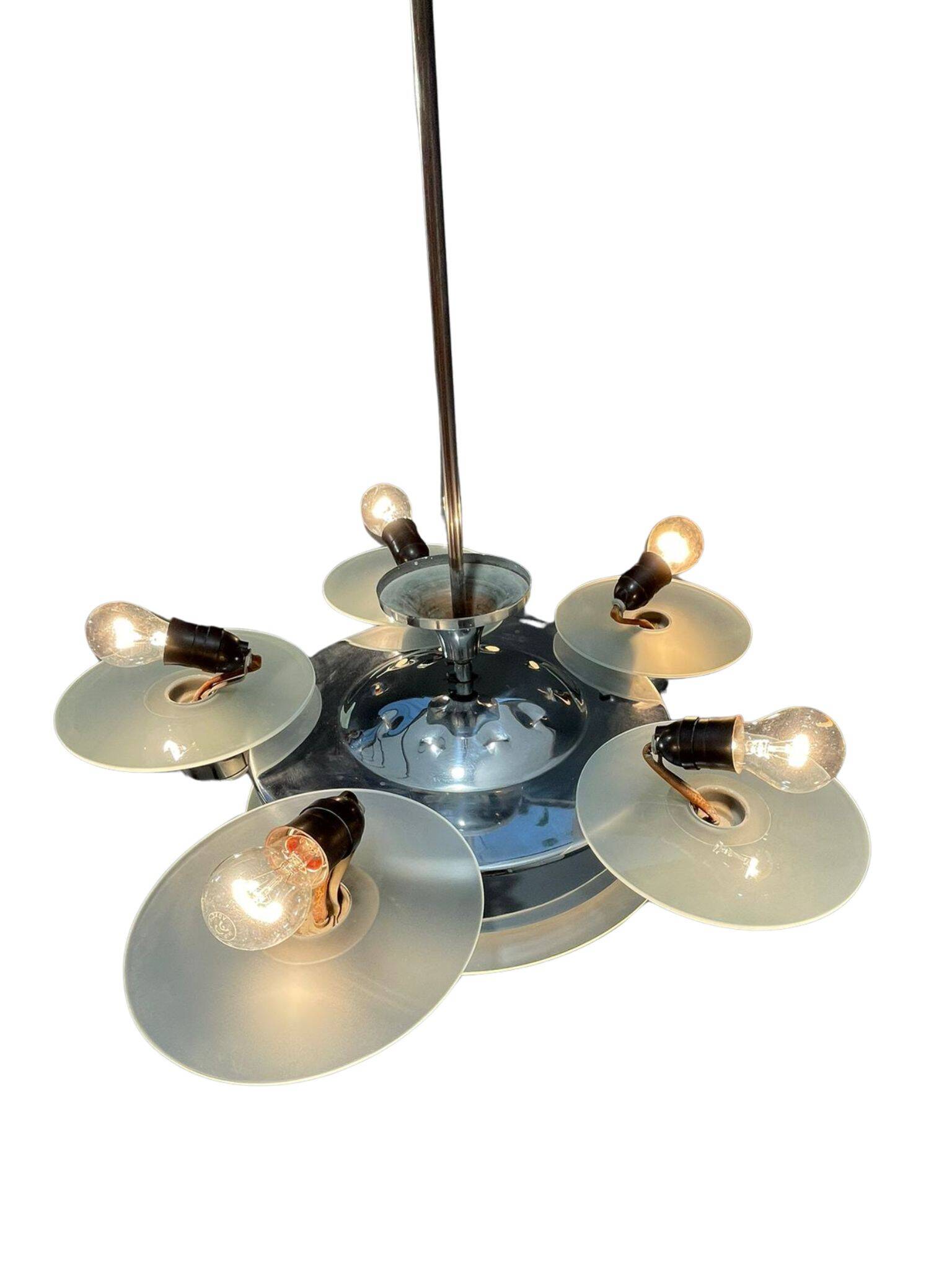 1930s Art Deco Chrome Chandelier with Frosted Glass Disc Shades – Czech Vin