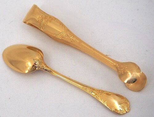 Christofle Marly gold, 10 mocha spoons, coffee, 10 cm + gold metal sugar tongs