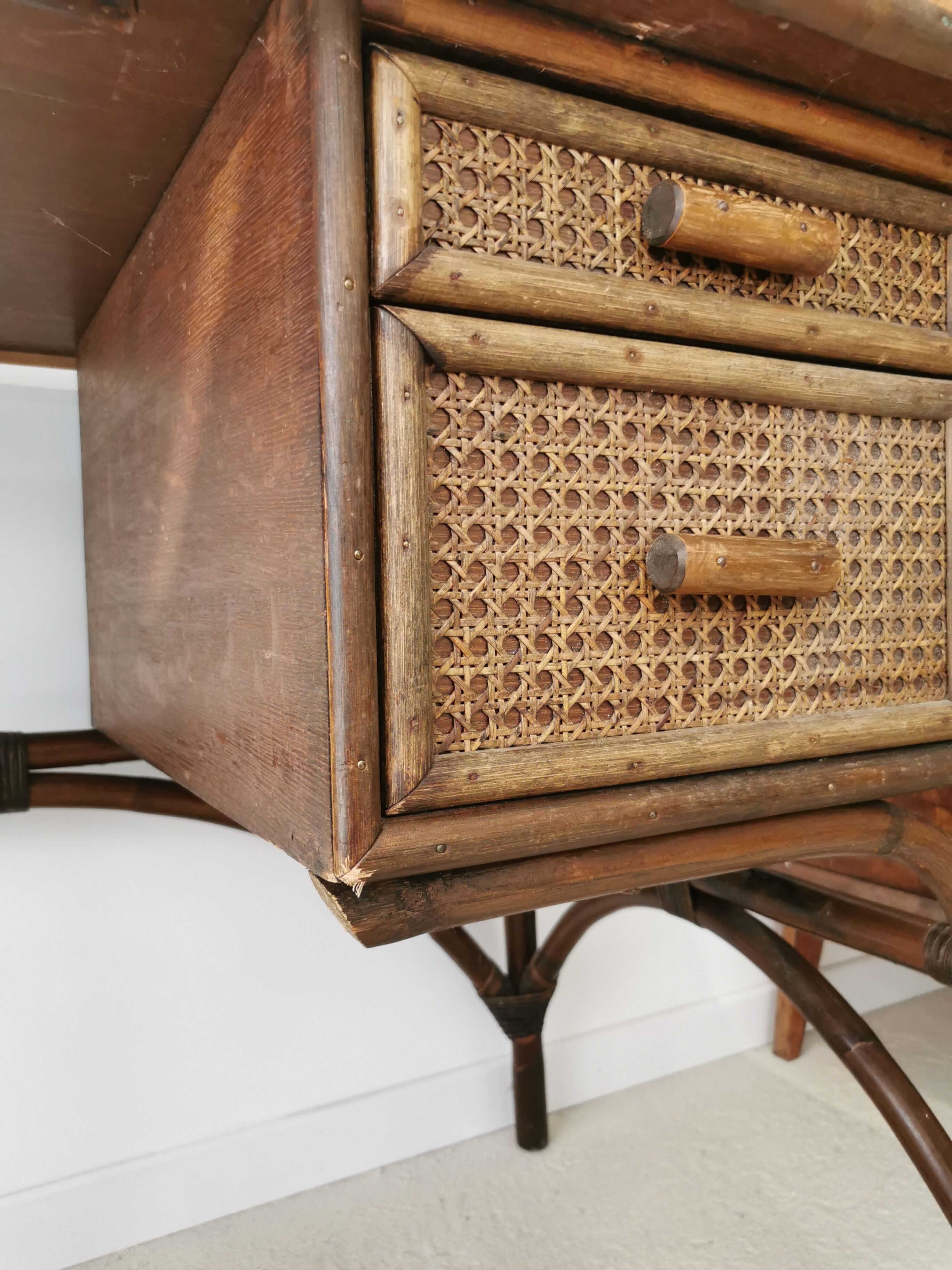Rattan desk and vintage canning