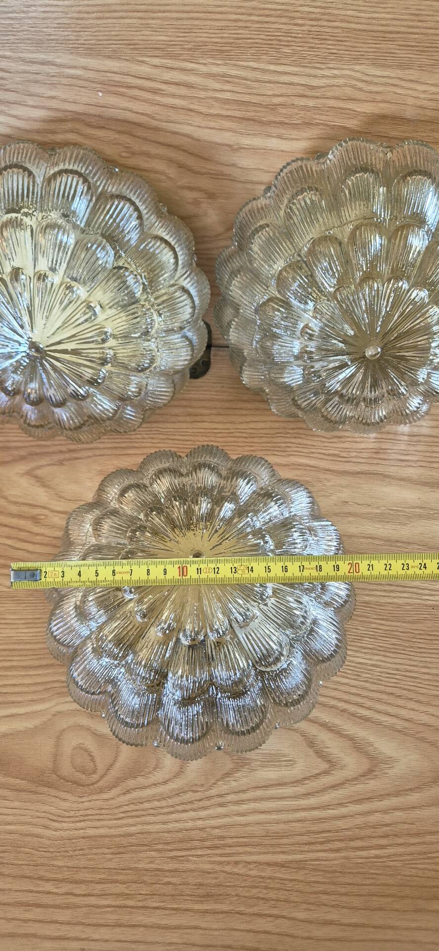 Set of 3 vintage amber moulded glass wall lights and ceiling lights.