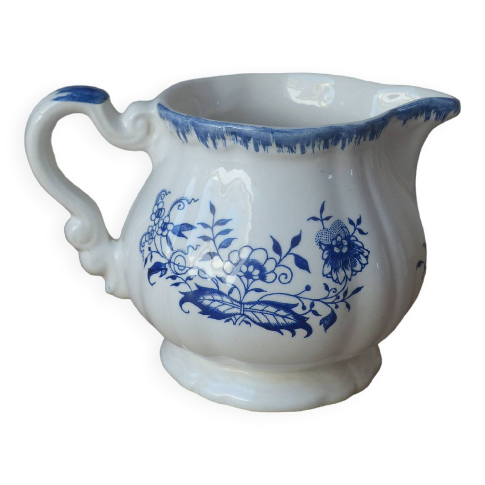 Old Milk Jug, Creamer, Jug, Sarraguemines Lancaster Vintage Blue Flowers Decor
