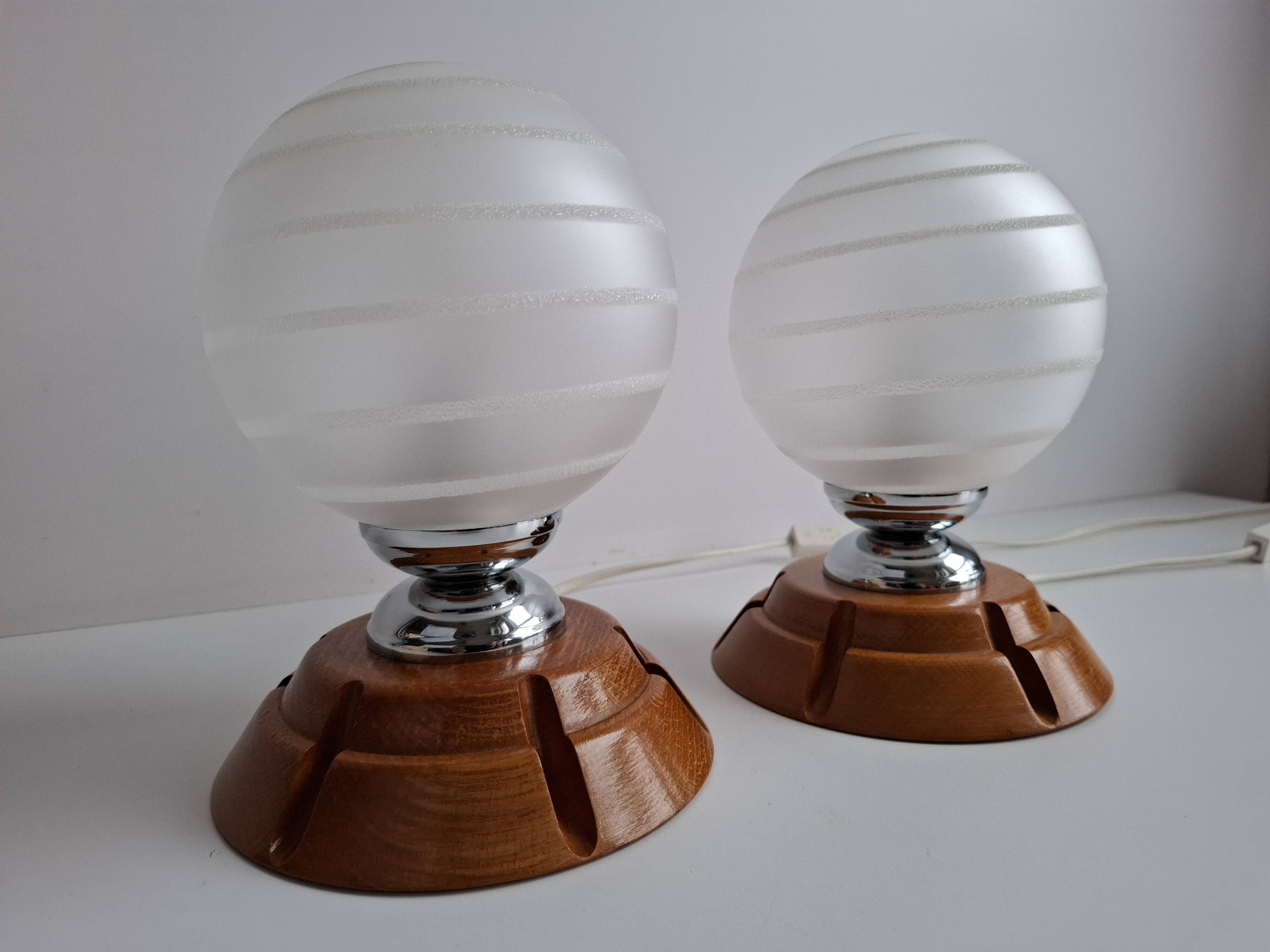 Pair of Mid-Century Czech Wood and Frosted Glass Table Lamps, 1990