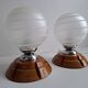Pair of Mid-Century Czech Wood and Frosted Glass Table Lamps, 1990