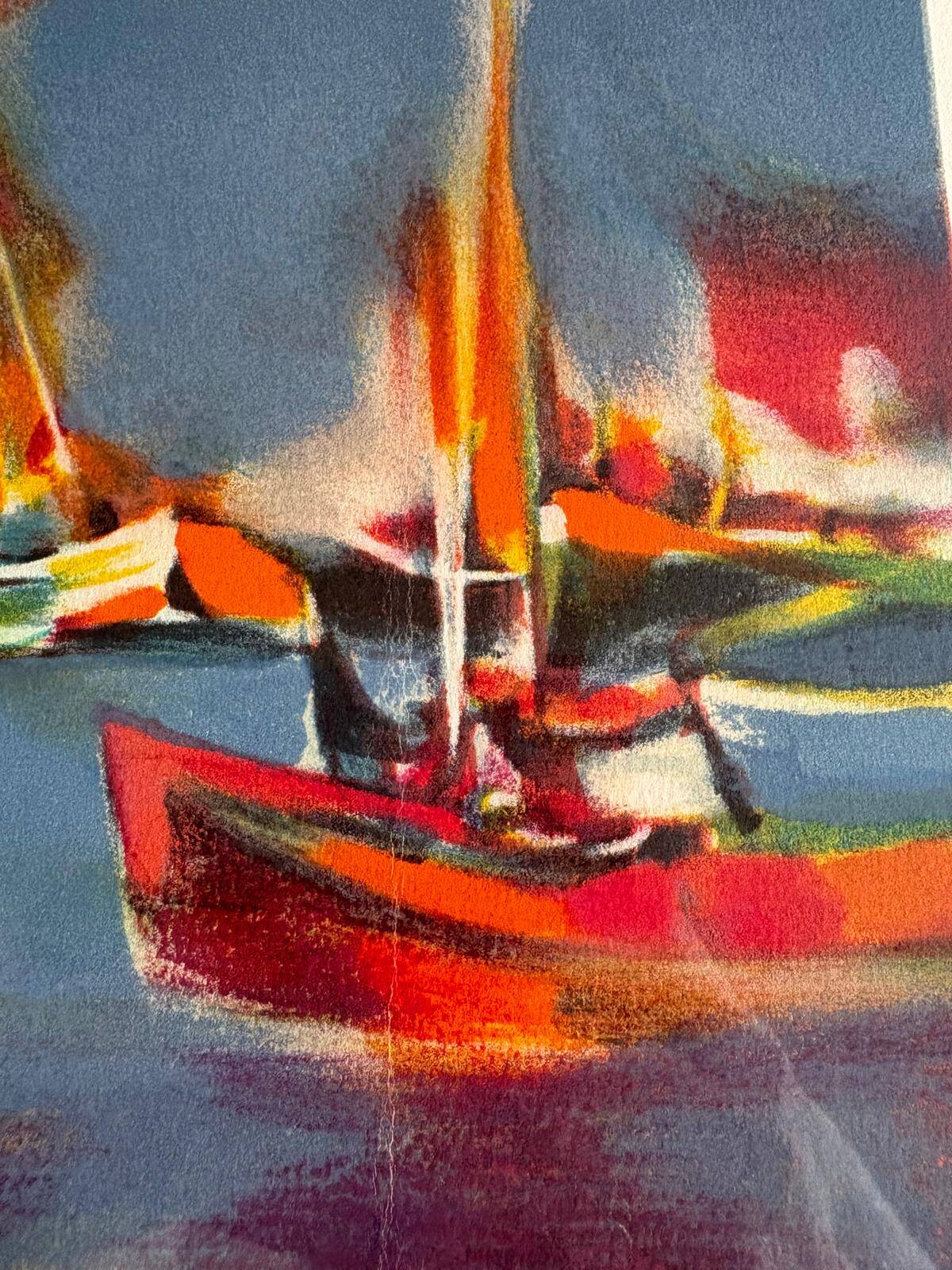 Signed lithograph by Marcel Mouly – Post-Cubist port scene