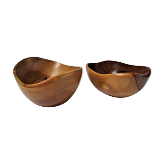 Two solid wood bowls carved design Jean-Paul Bain Vallauris