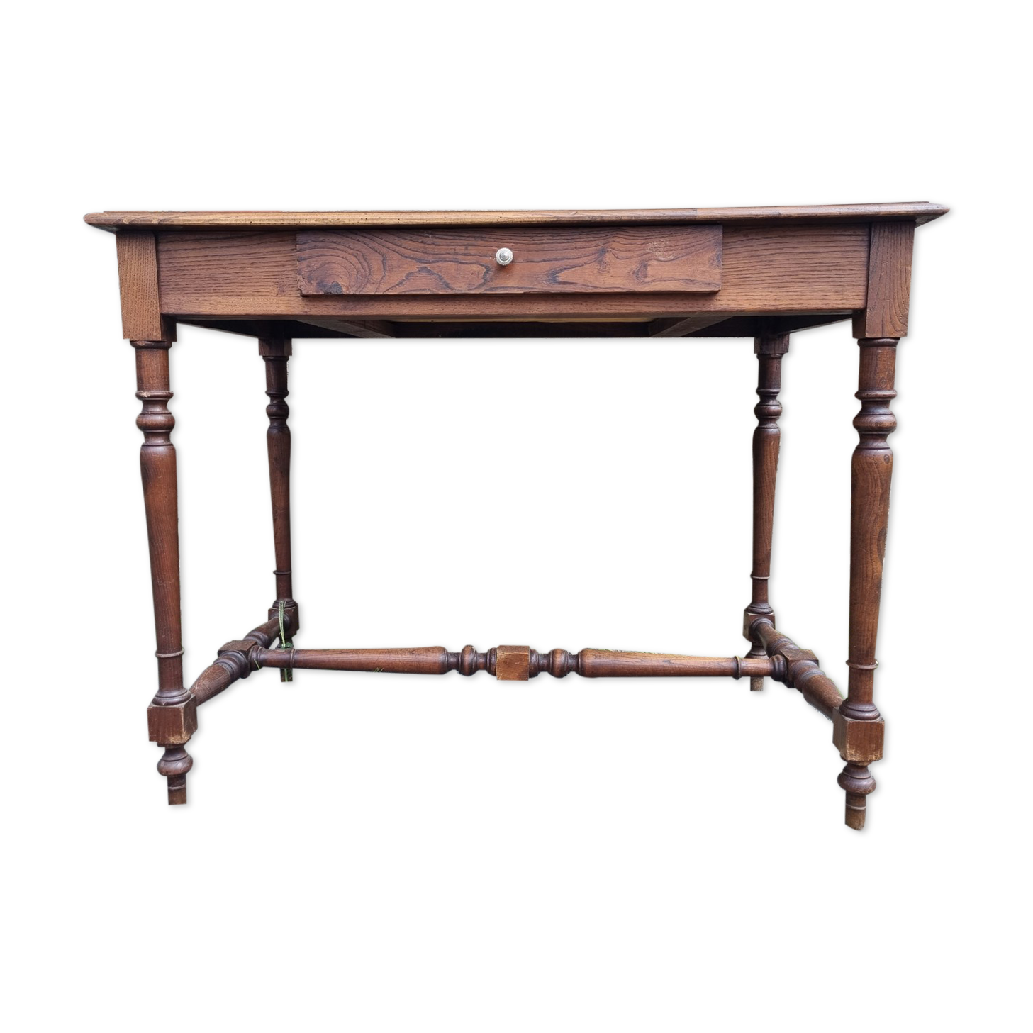 Writing table or wooden desk, Louis XIII style, turned legs, vintage
