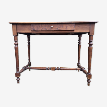 Writing table or wooden desk, Louis XIII style, turned legs, vintage