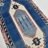 Tapis Vintage Géométrique Bleu et Rose Fait Main – Style Oriental,128x265Cm