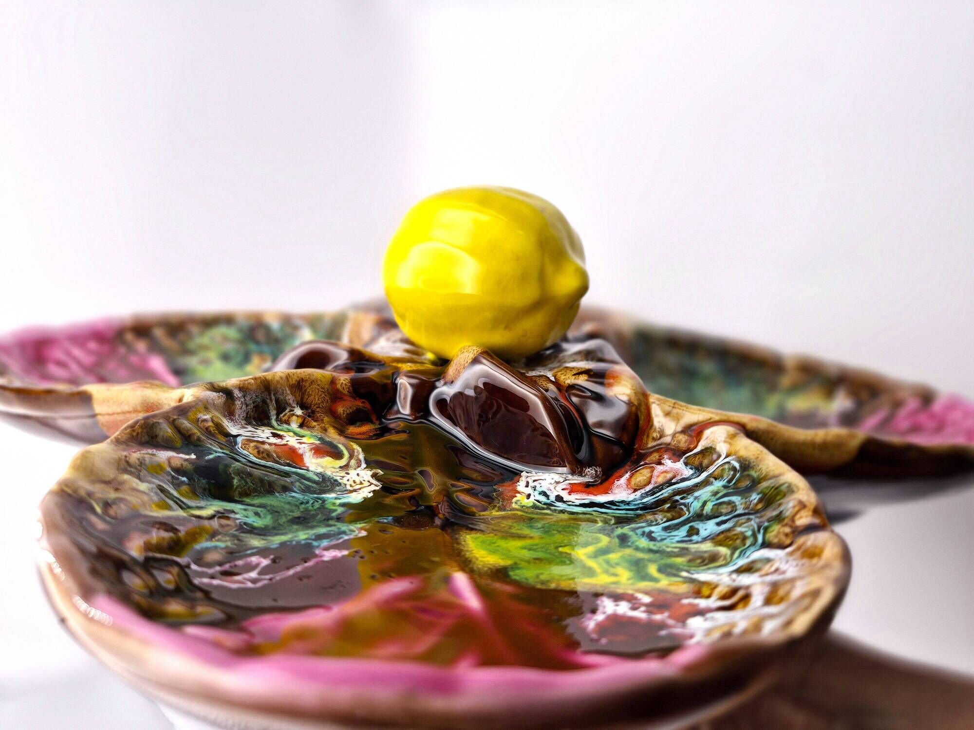 Vintage Vallauris A.M. plate – quadrilobed enamelled bowl with lemon – 50s