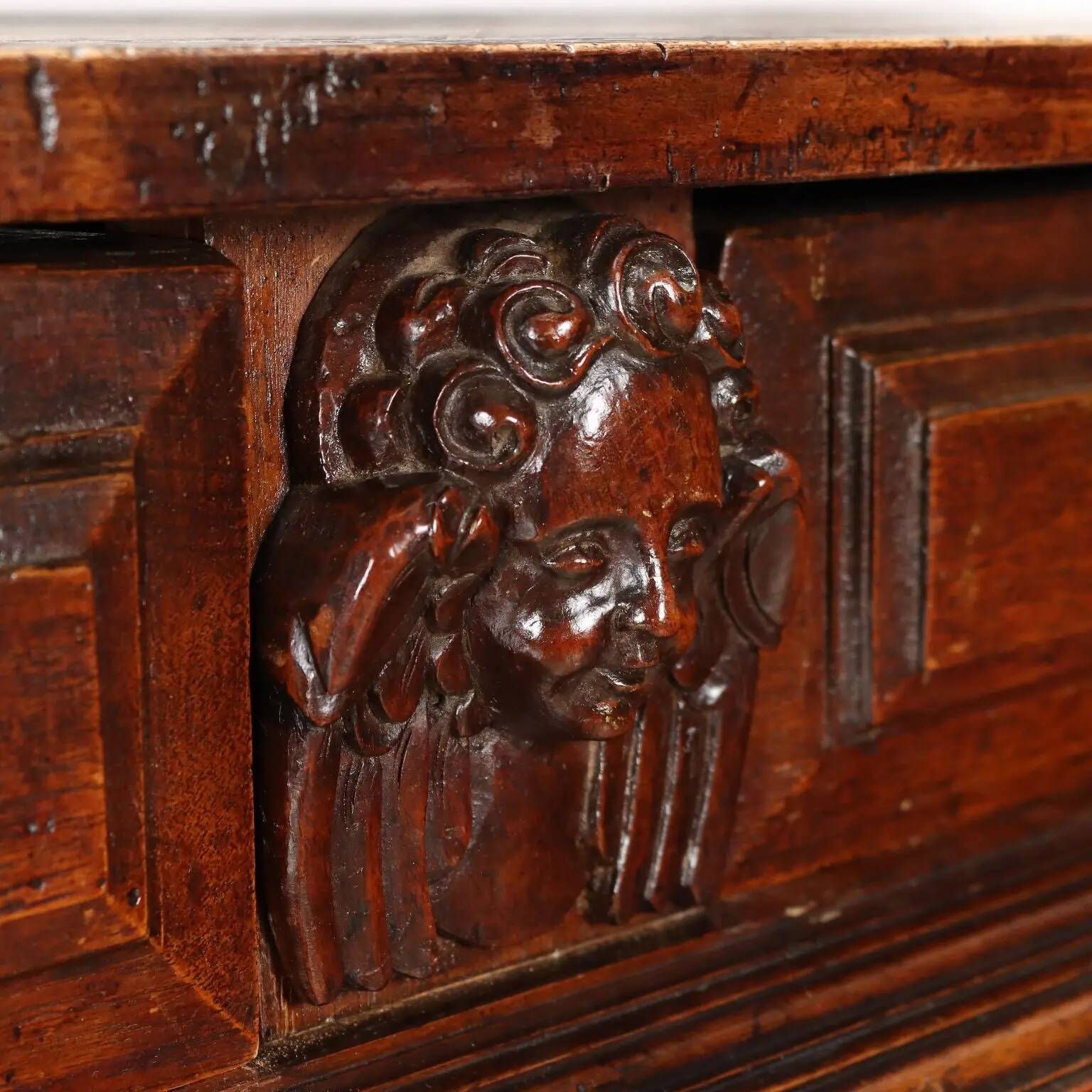 Ancient baroque walnut buffet with decorations, 18th century