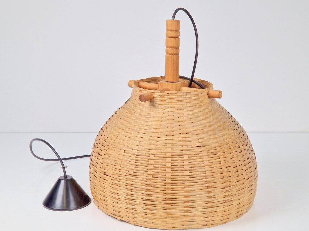 Scandinavian Wicker Rattan and Pine Pendant Lamp, 1960s