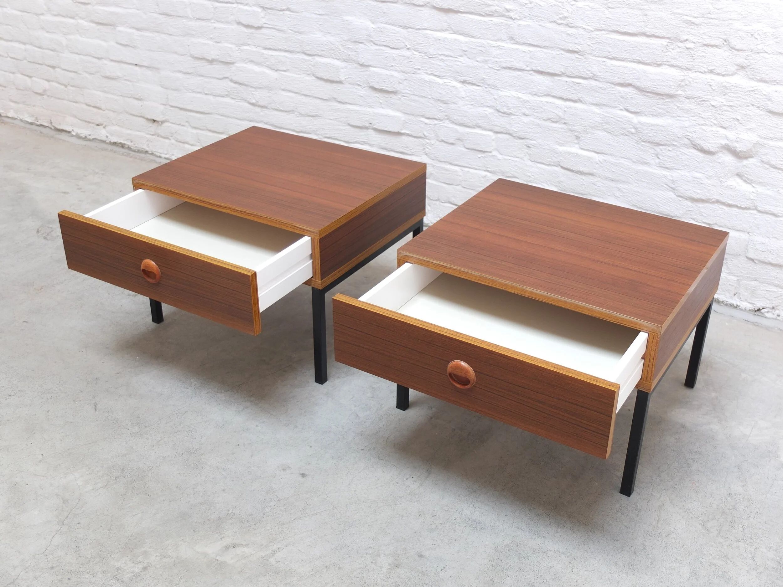 Modernist pair of bedside tables with drawers, 1960s