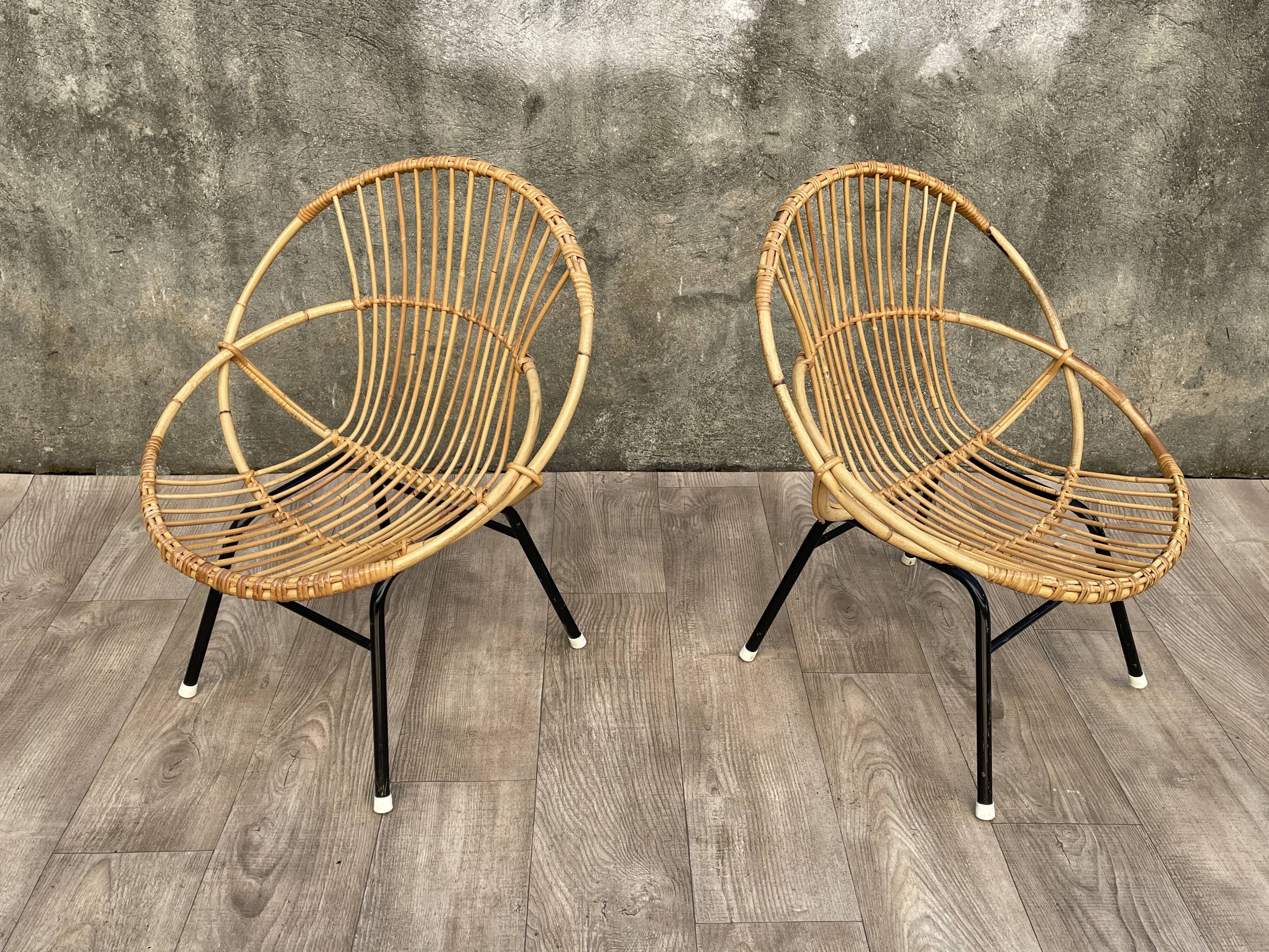 Pair of rattan and metal shell chairs, 1960