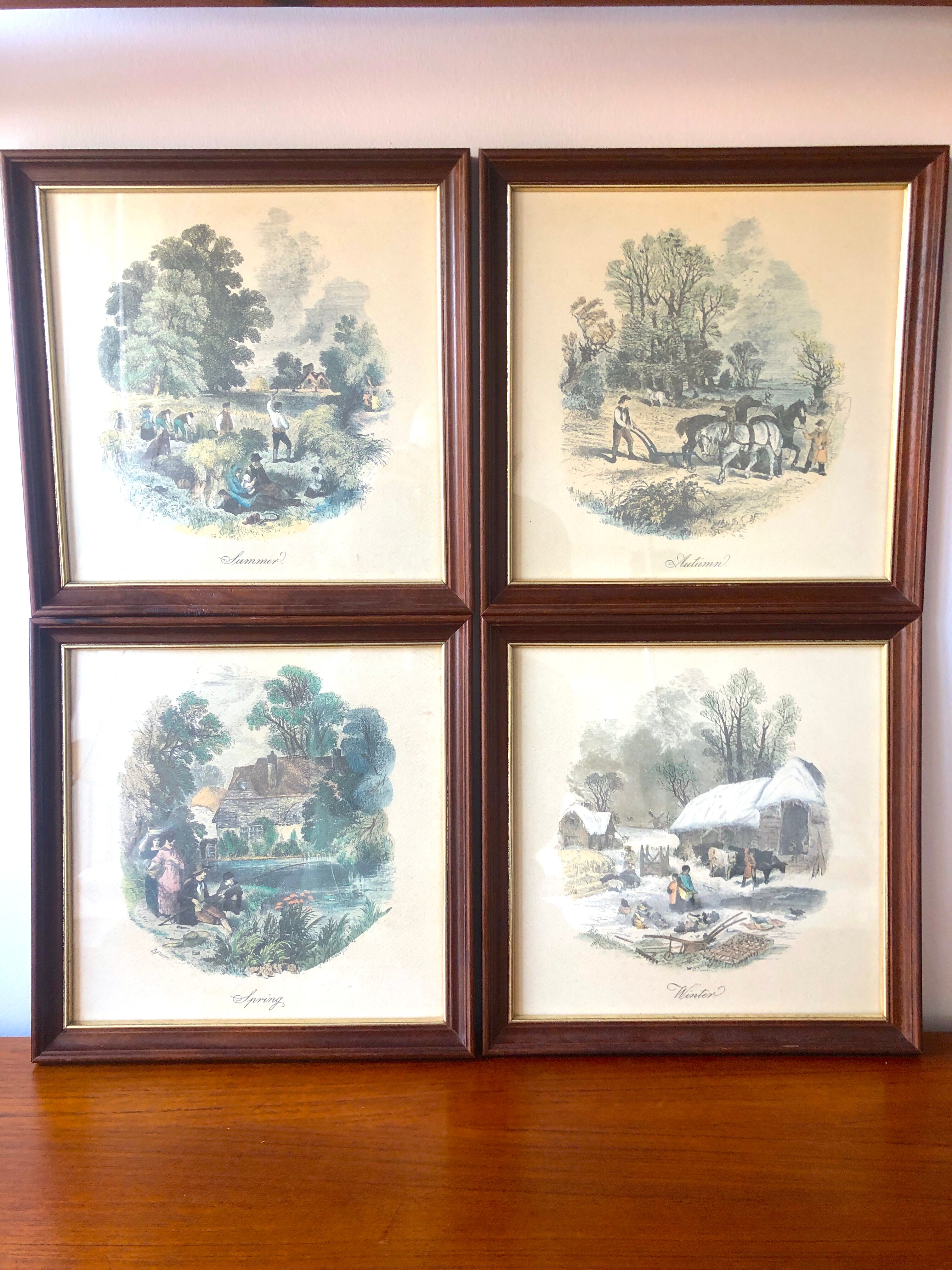 Set of 4 framed antique prints - 4 seasons