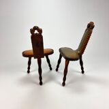 Set of 2 mid century brutalist oak tripod stools, 1960s