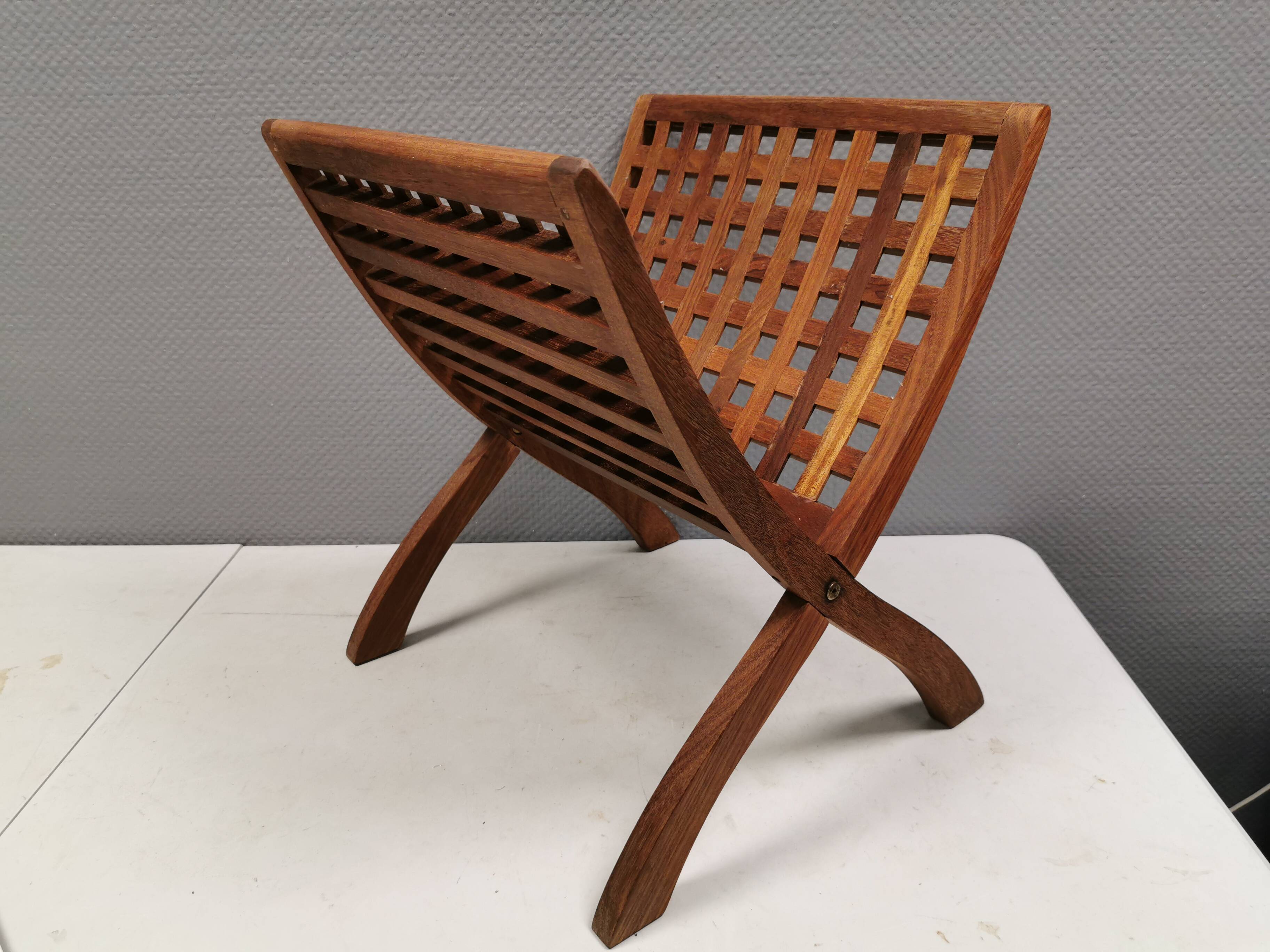 Teak newspaper/magazine rack, Danish, estimated 1970s–80s.