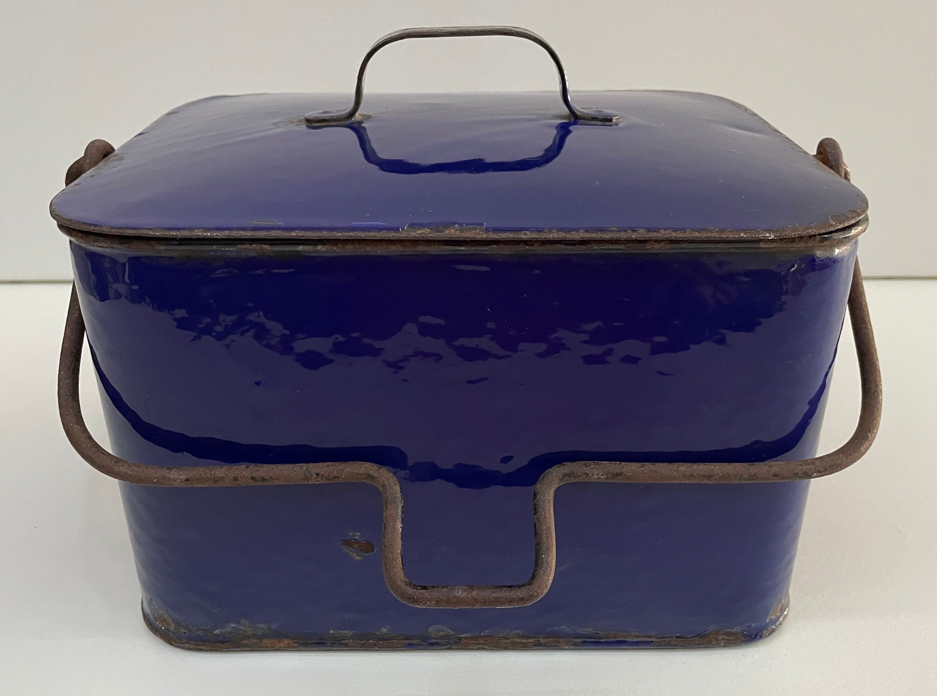 Old blue enamelled metal box