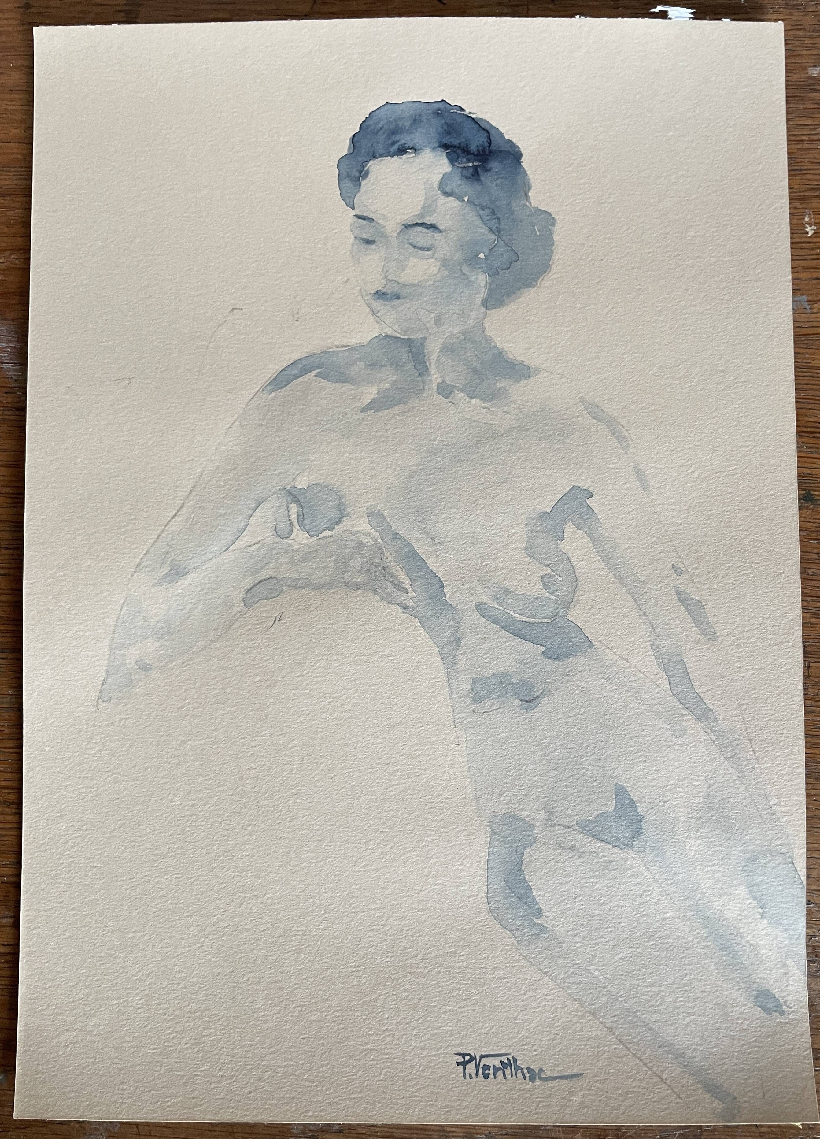 Painting signed monochrome blue black watercolor “seated woman”