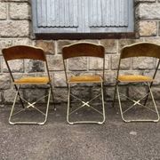 3 antique folding opera chairs in golden velvet and brass