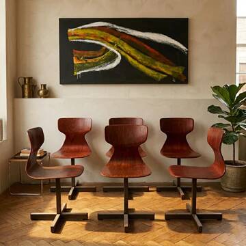 Set of 6 mid-century modern Pagholz chairs, moulded plywood seats, steel base, 1960s