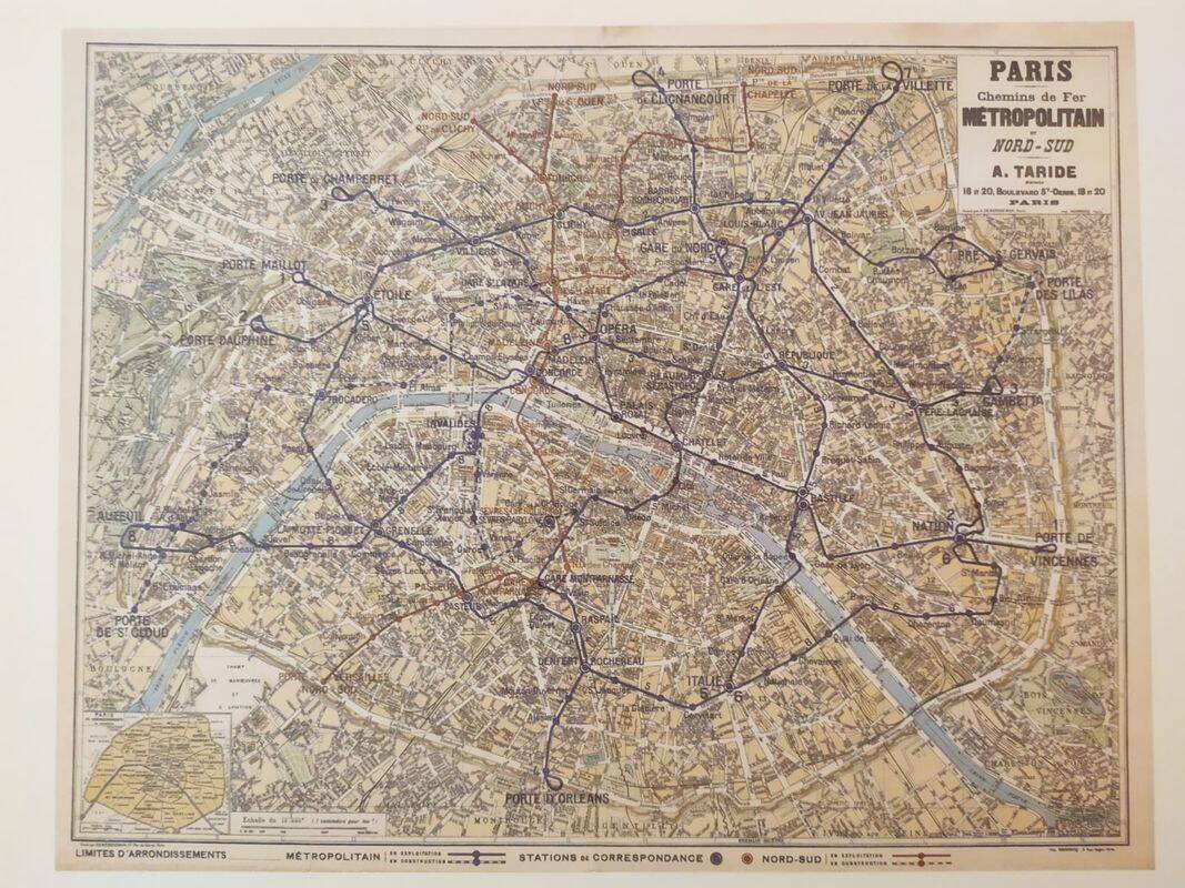 Map of the Paris metro in 1920. Beautiful reproduction to frame