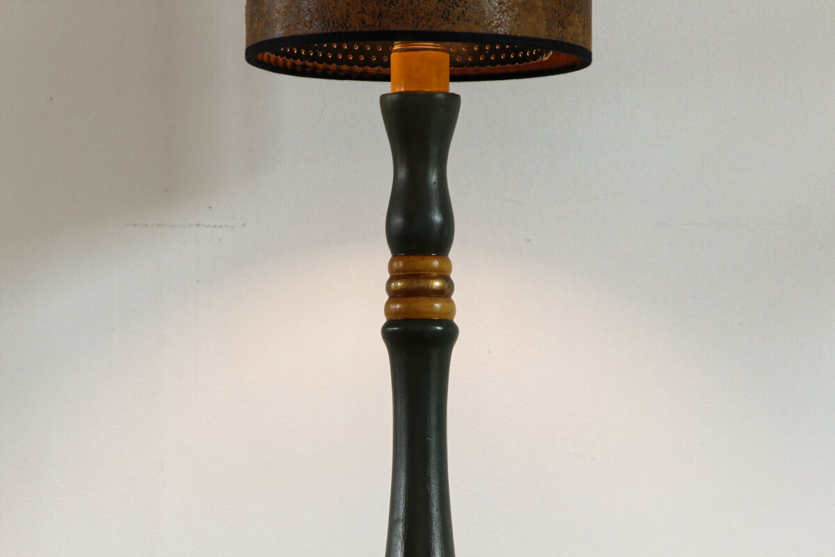 Turned wooden lamp, green and gold