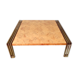 Table basse design en loupe d’orme et laiton – années 70