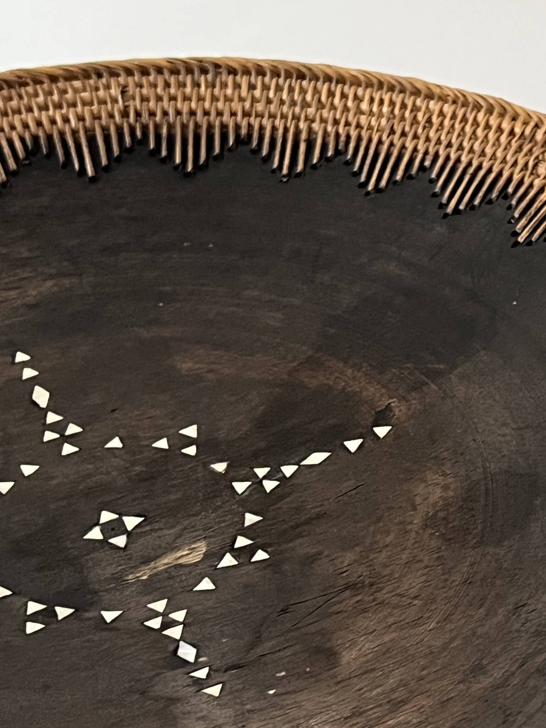 Large basket/trinket tray in blackened wood, wickerwork & mother-of-pearl
