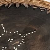Large basket/trinket tray in blackened wood, wickerwork & mother-of-pearl