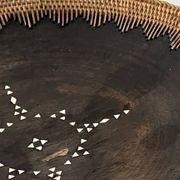 Large basket/trinket tray in blackened wood, wickerwork & mother-of-pearl