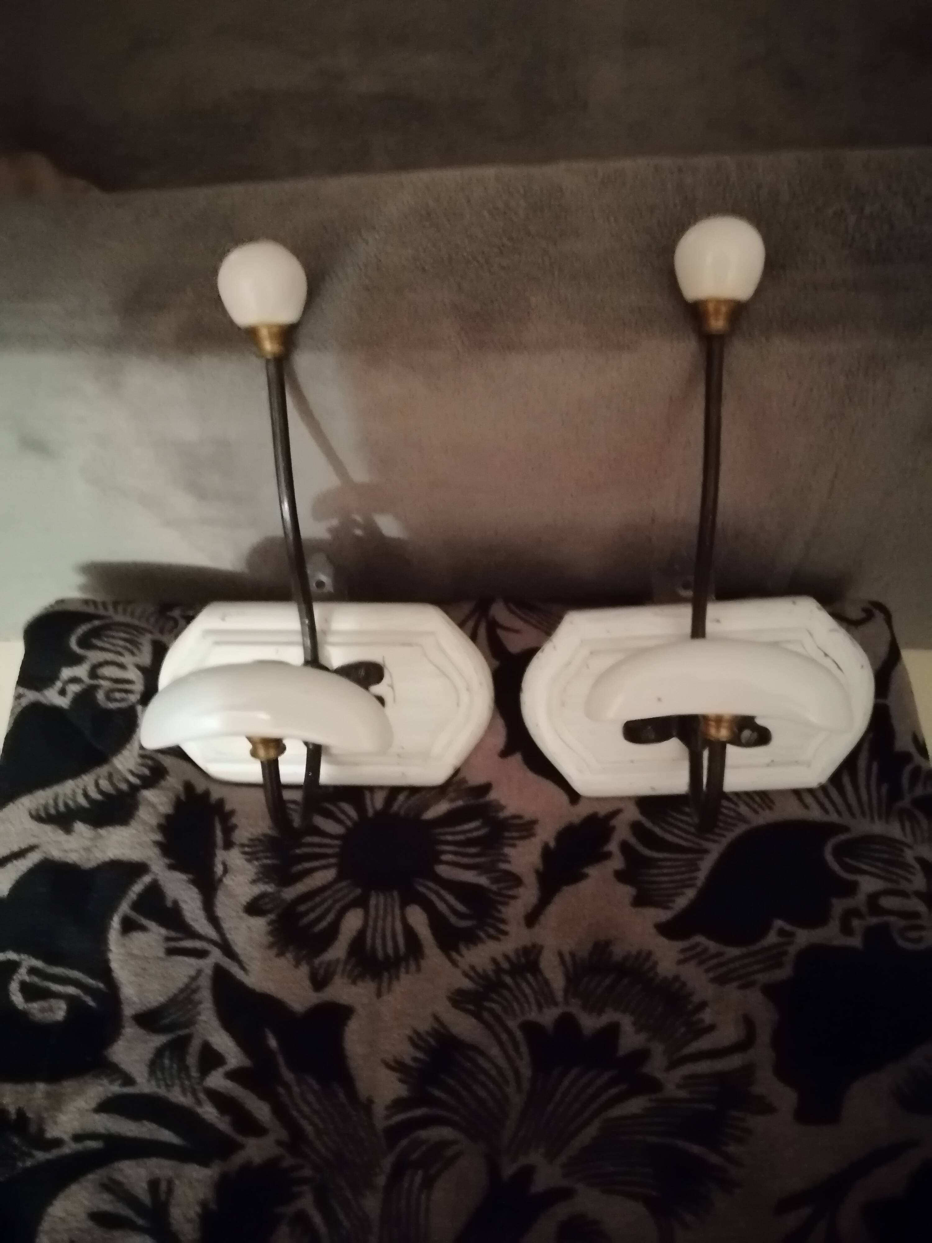 2 vintage wooden and ceramic coat hooks