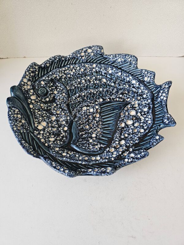 Plat vintage en céramique poisson Vallauris 195060 (Diamètre 32cm)