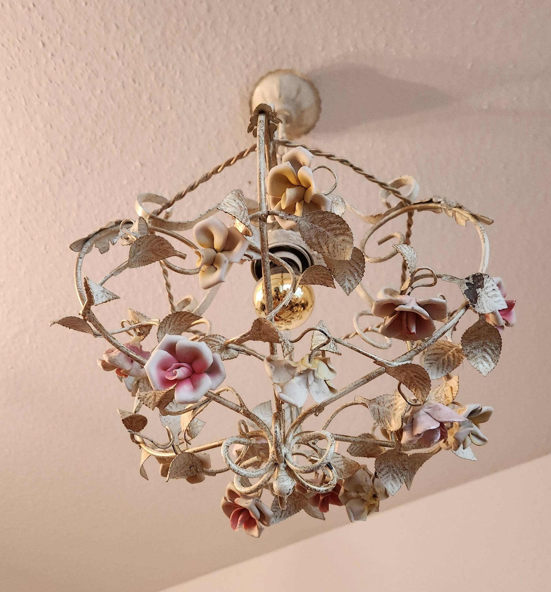 Hand-forged vintage pendant lamp with porcelain roses, Denz Neheim Hüsten