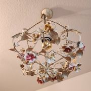 Hand-forged vintage pendant lamp with porcelain roses, Denz Neheim Hüsten