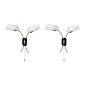 Pair of mid-century wall lights with 2 bulbs — opaline, brass & black lacquer